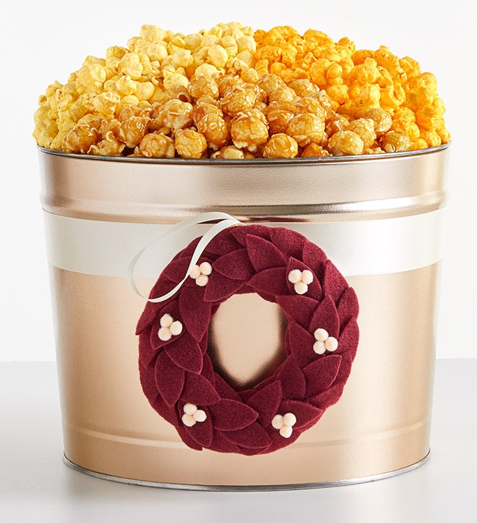 Season's Greeting with Wreath Ornament 2 Gallon 3 Flavor Popcorn Tin